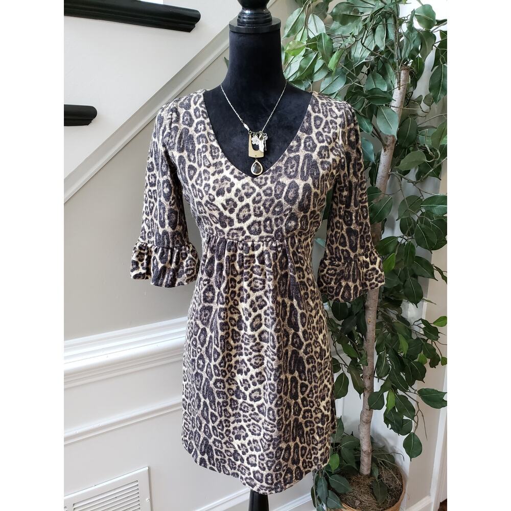 OB2-12 Sheath Dress Womens Small Multi Leopard Print Pleated Flare Sleeve V Neck